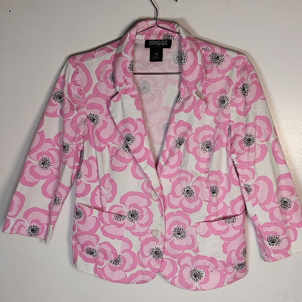 Briggs New York Women's Pink Poppy Floral Cropped Notch Collar Blazer Size 12